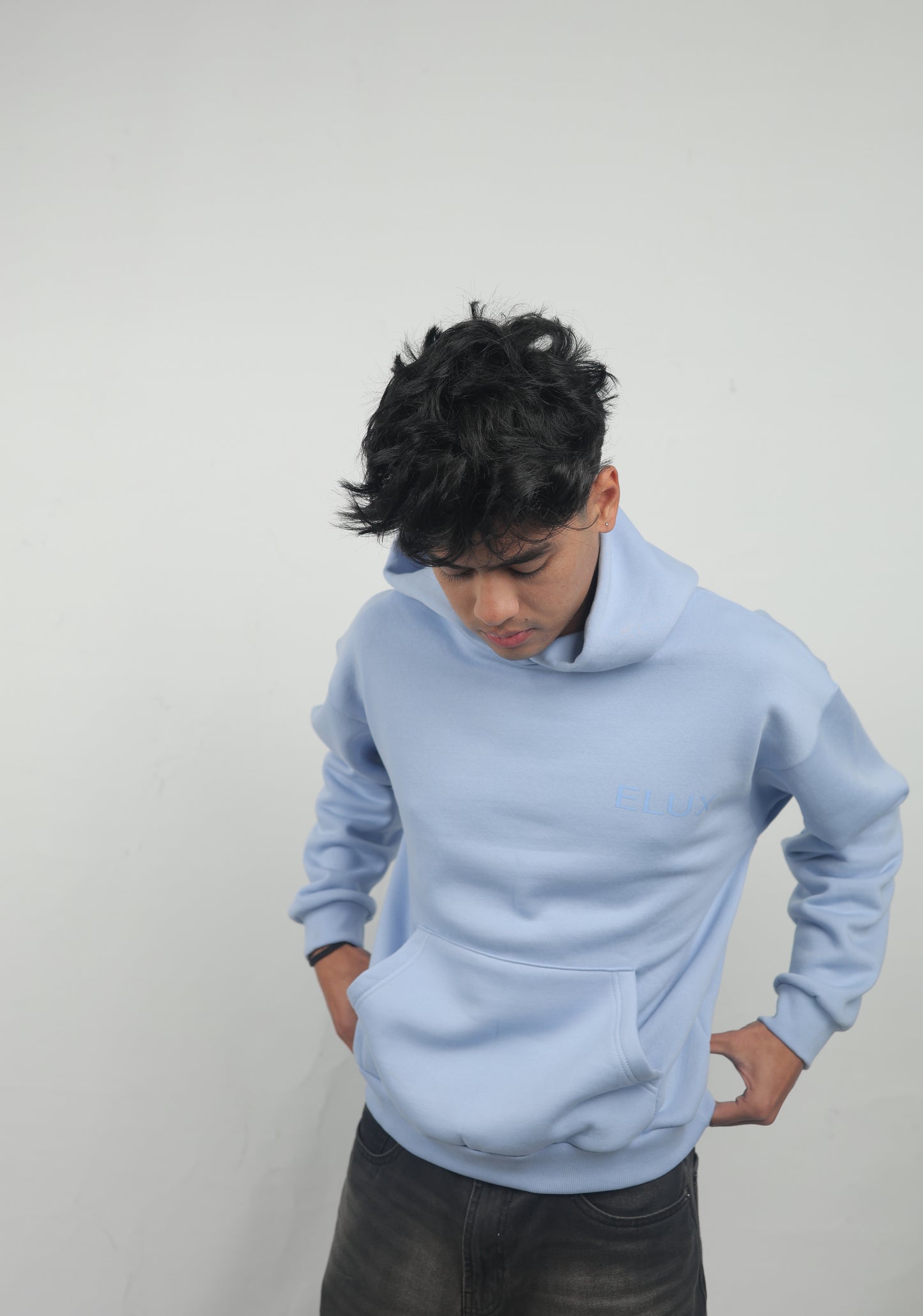 ELUX Minimal Text Hoodie angled view